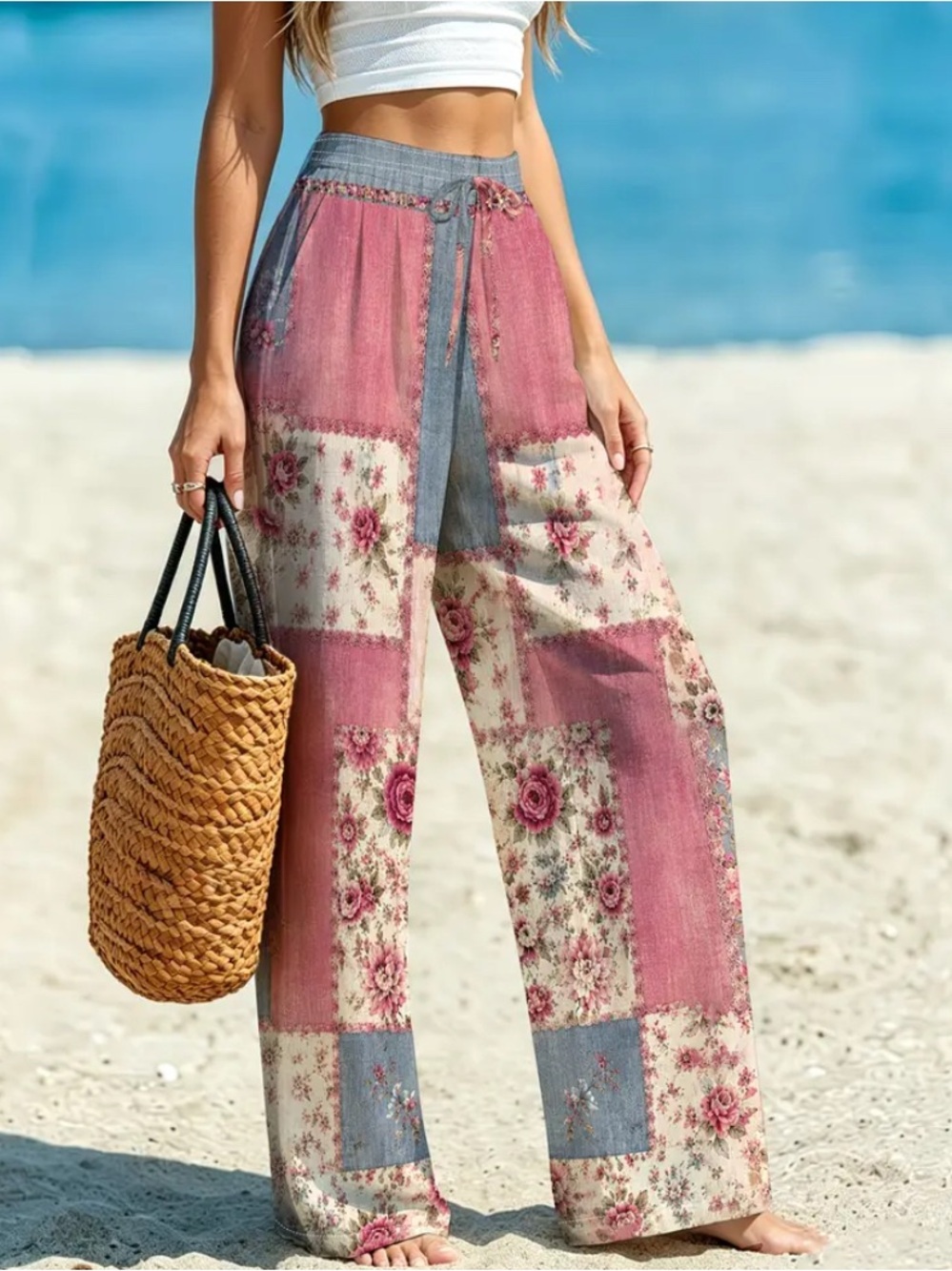 Patchwork Print Floral Pink & Blue Palazzo Pants